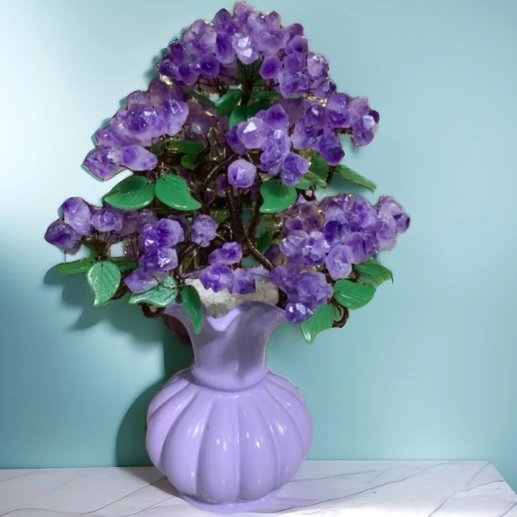 【轻奢高品】大颗粒紫水晶树摆件欧式陶瓷摆件摇钱树聚宝盆八方来财