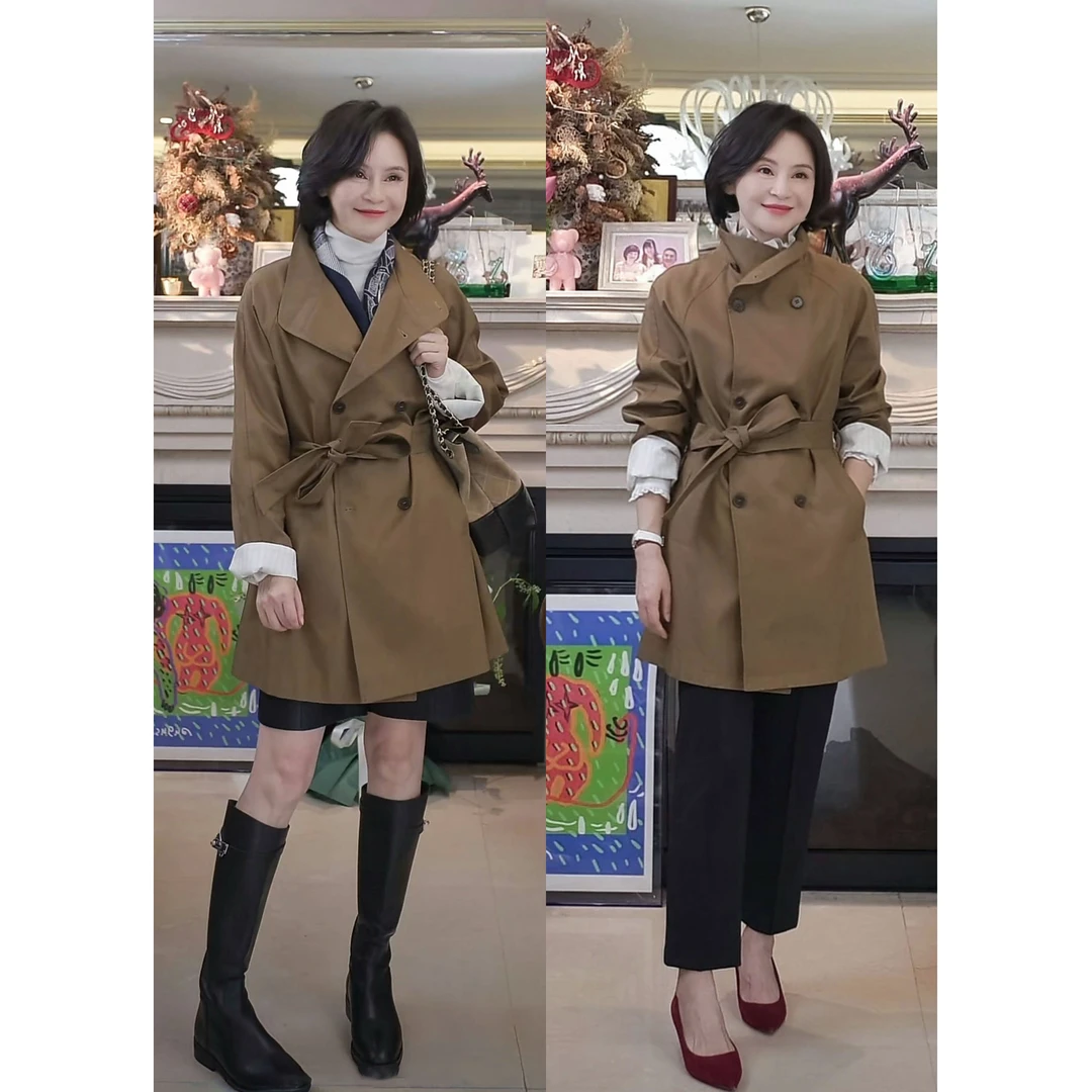 我是摩羯 卢森堡 天丝棉撞色腰部系带早秋立领外套风衣