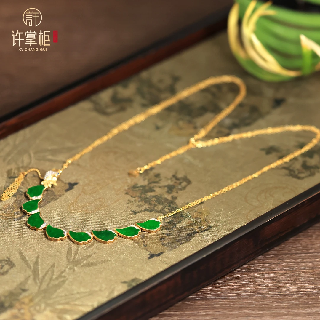 许掌柜｜18K金翡翠项链天然缅甸翡翠A货国潮叶子小鸟配饰优雅气质