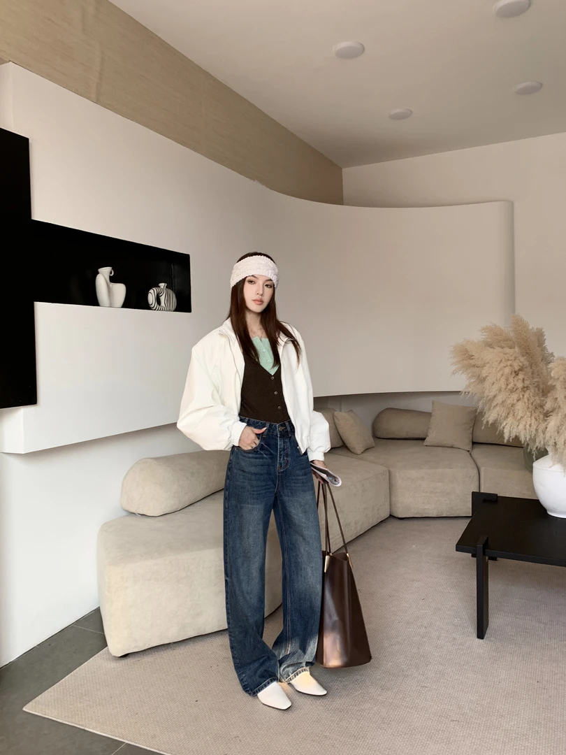 DXW杨幂同款网红无枪弹花中高腰直筒裤牛仔裤女