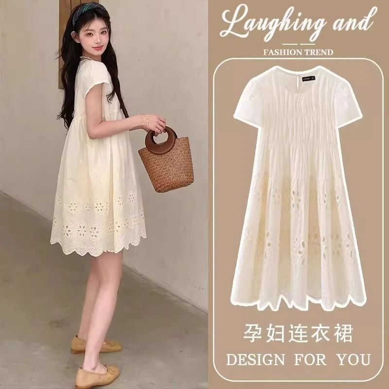 夏季时尚法式孕妇连衣裙甜美镂空娃娃裙小清新遮肚显瘦短袖孕妇裙