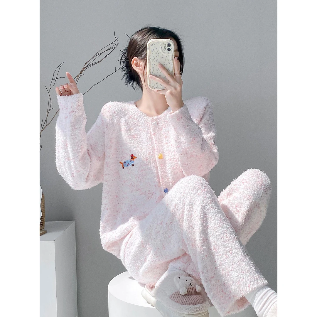 卡通腊肠狗睡衣女冬款珊瑚绒加绒加厚爱心扣开衫保暖半边绒家居服