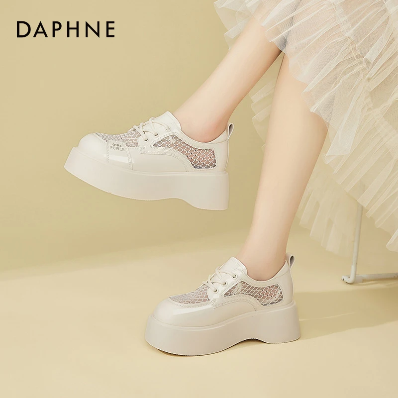 达芙妮网面厚底乐福单鞋女2025新款春夏季软底百搭松糕透气小皮鞋