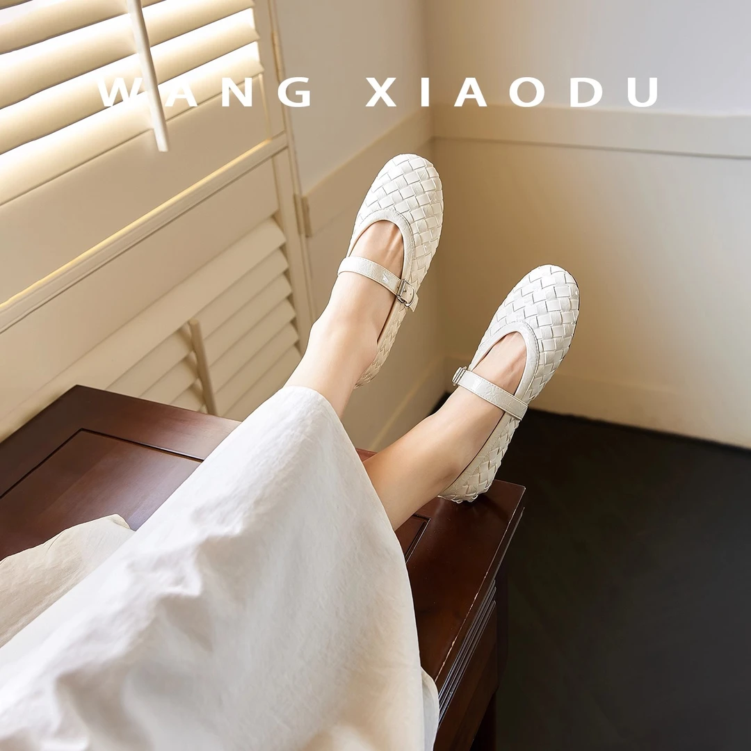 【羊皮版】法式手工编织●浅口单鞋女2025新款平底通勤优雅玛丽珍鞋