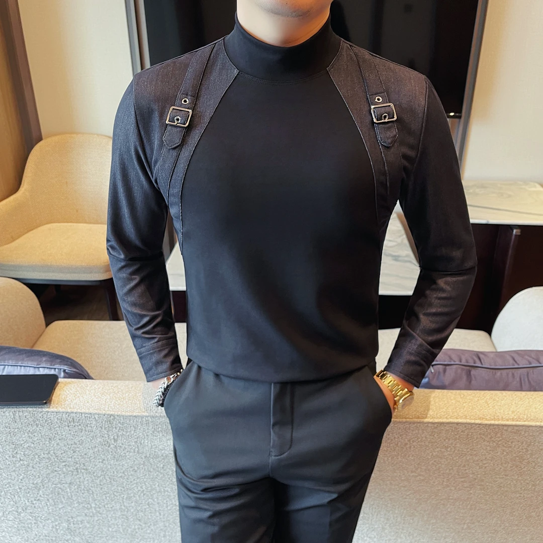 高级感拼接长袖T恤男士休闲时尚半高领打底衫黑色修身百搭上衣潮