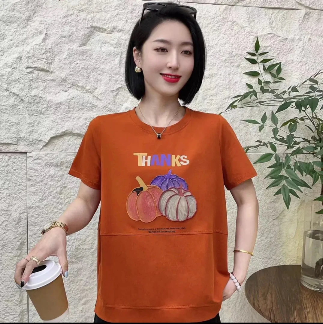 黑色宽松型T恤重工印花女士潮流字母圆领短袖常规时尚宽松