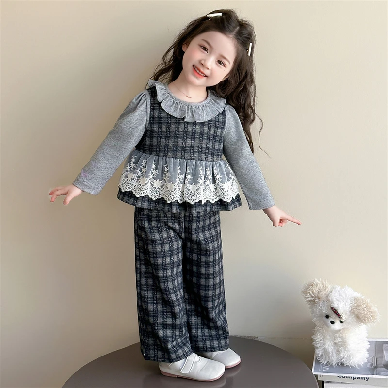 韩版女小童时尚套装2025新款儿童秋装小女孩洋气格子花边三件套潮