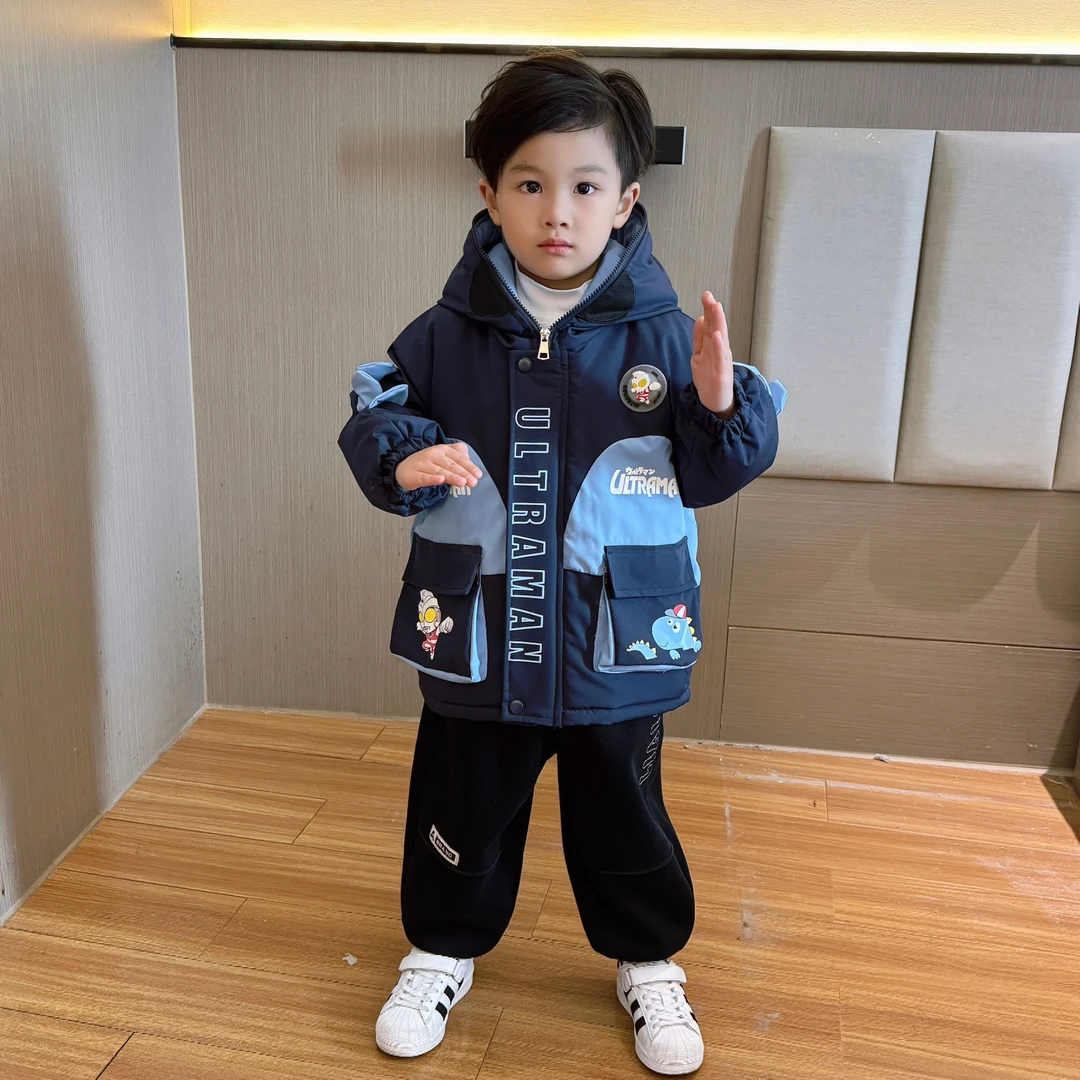 奥特曼衣服男童加绒棉服冬装2024新款儿童加厚运动工装派克服外套