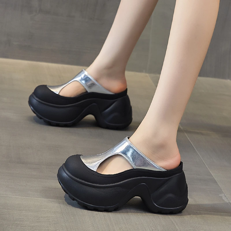 艾格鸟增高9cm包头半拖鞋女外穿2025夏新款镂空凉拖厚底增高女鞋