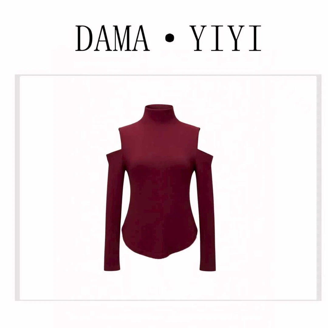 D87122秋季新款气质高领露肩显瘦弧形摆长袖T恤女