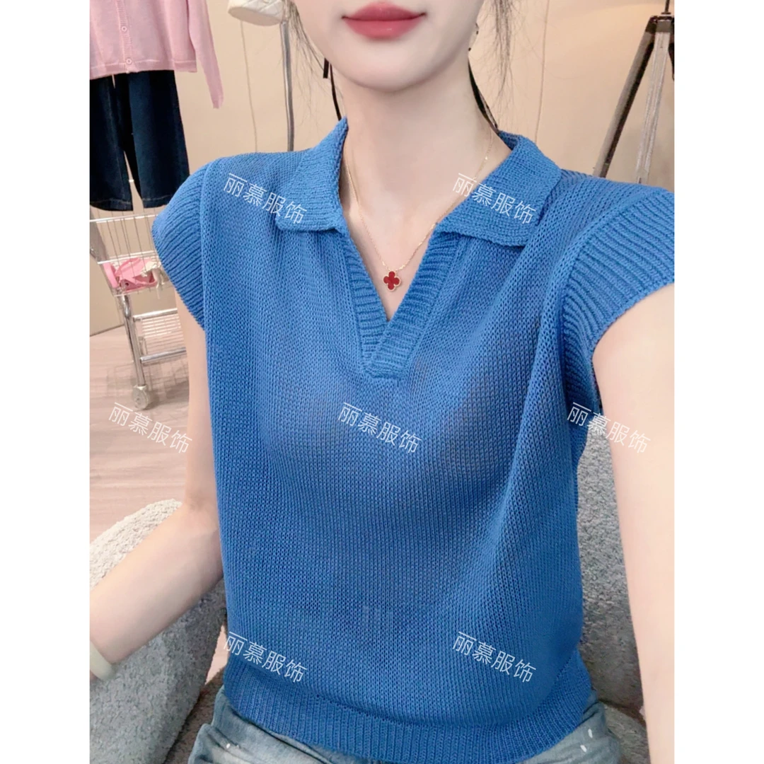 剪刀翻领飞飞袖纯色夏季透气简约翻领针织飞飞袖T恤短袖