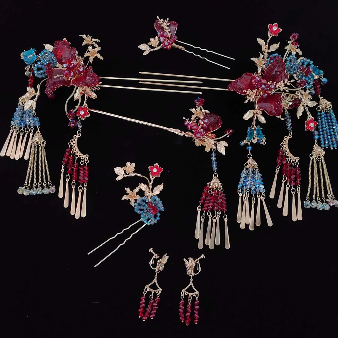 合金婚庆饰品 新款红蓝中式新娘饰品