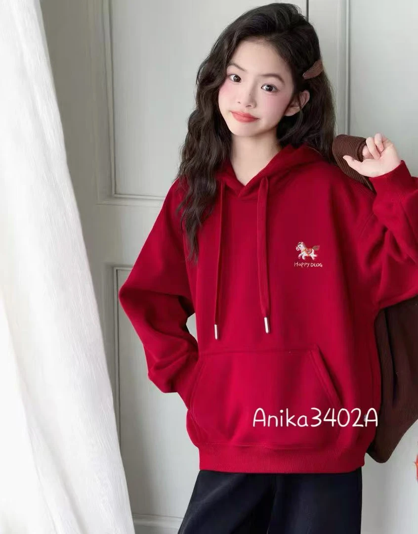 ANIKA2025红色年款刺绣一体绒卫衣男女中大童韩版宽松连帽圆领