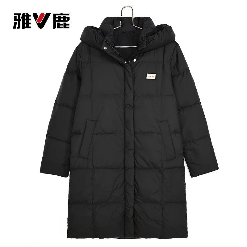 雅鹿正品加厚中长款羽绒服女2025新款时尚休闲连帽廓形鸭绒外套