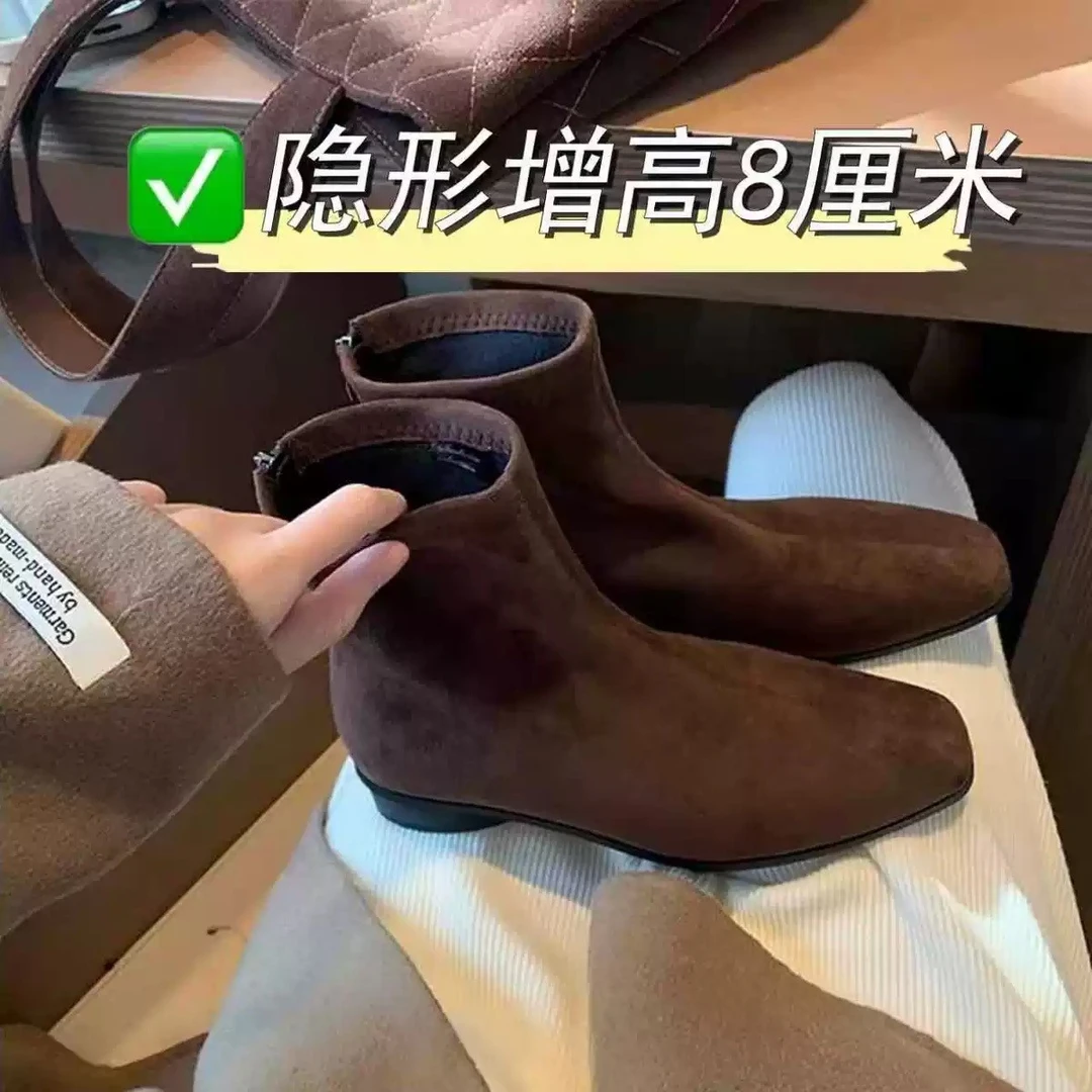 小个子内增高8cm法式方头复古棕色粗跟短靴女瘦瘦靴阔腿裤必备鞋