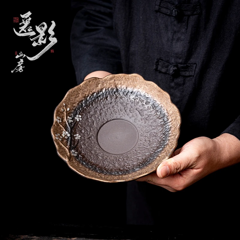 复古粗陶鎏金傲梅壶承干泡盘陶瓷茶承干泡茶台茶壶托养壶垫茶配件