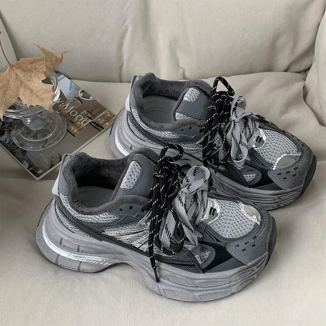 冬季厚底加绒老爹鞋女新款加厚保暖棉鞋百搭增高运动休闲鞋潮