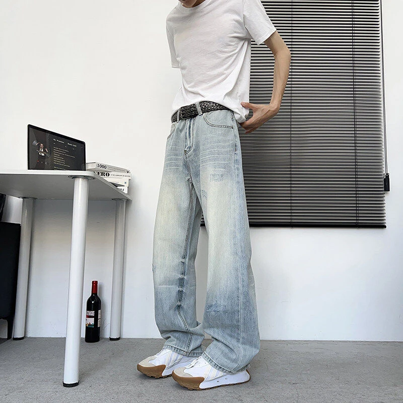 美式高街复古水洗做旧条纹牛仔裤男宽松直筒cleanfit微喇裤子