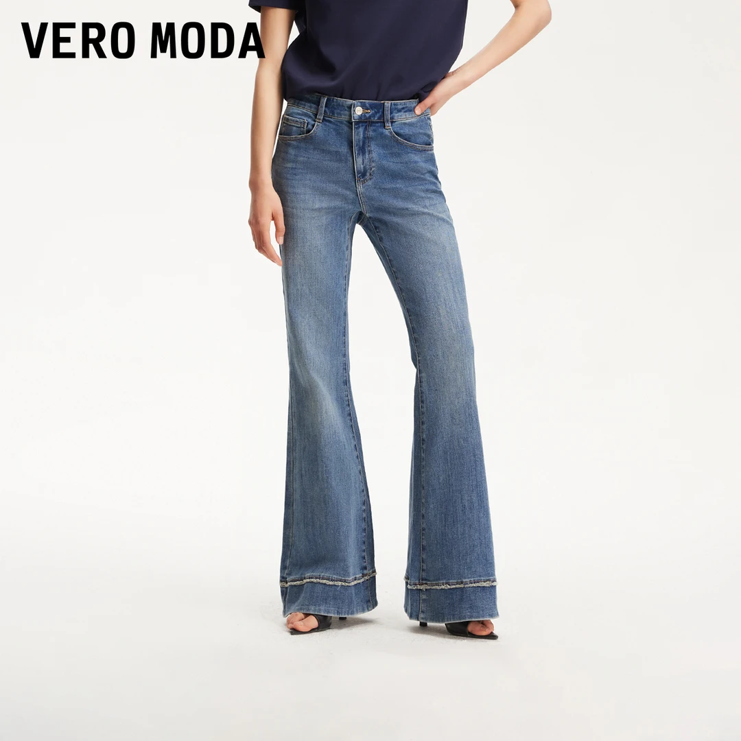 Vero Moda牛仔裤女2025冬季穿搭新款裤脚磨毛复古微喇裤325232065