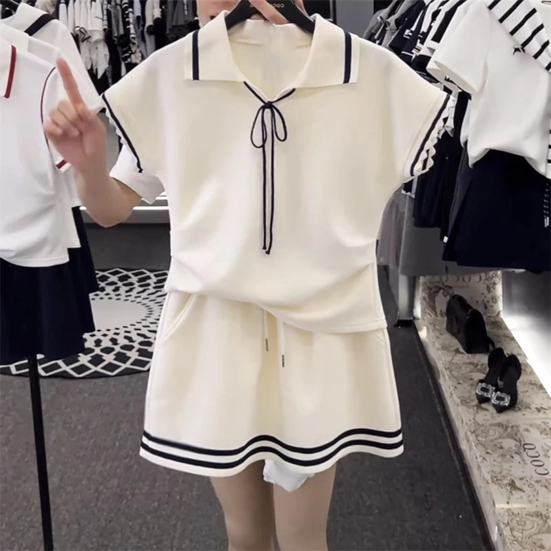 学院风休闲套装女2025夏季新款撞色polo领短袖上衣半身裙两件套潮