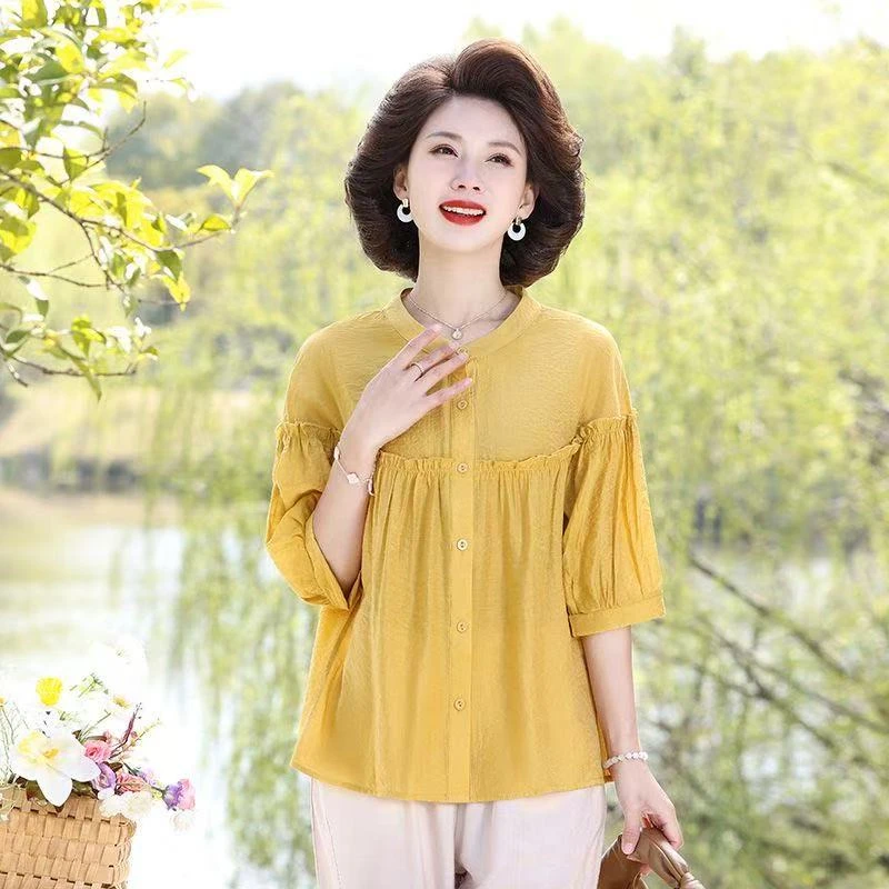 9184-夏季妈妈装短袖小衫洋气质宽松女装七分袖遮肚子衬衫【F仓】