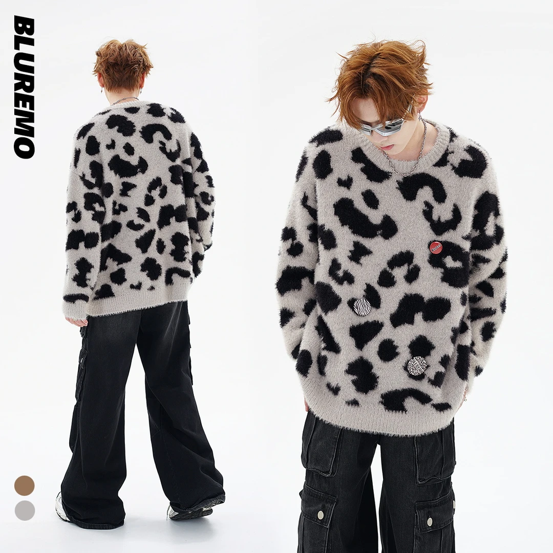 BLUREMO/模糊情绪秋冬欧美复古潮流豹纹情侣款百搭针织毛衣潮7177