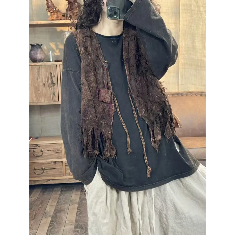 6558流浪手工针迹宽松系带破烂毛边坎肩马甲手工针迹V领禅