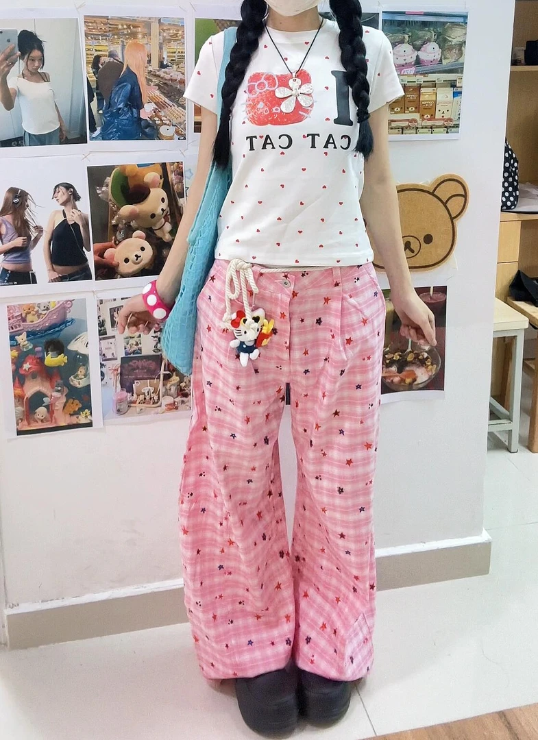 【DMXJ大梦想家】甜酷辣妹星星印花阔腿裤女夏季新款粉色宽松直筒裤