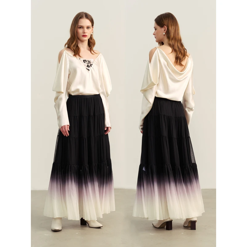 YIMAIMAI疗愈艺术家 重工法绣真丝露肩上衣+真丝渐变半裙