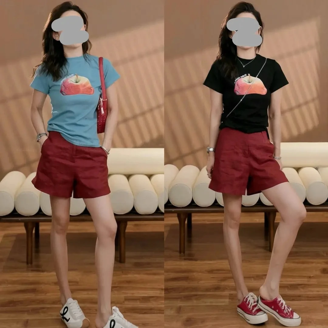 小众女装2025夏季显瘦印花短袖打底T恤上衣百搭休闲短裤气质套装