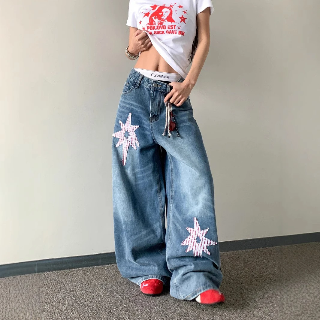 大码高街vibe星星贴布猫须弯刀牛仔裤女夏季ins潮牌拖地阔腿长裤