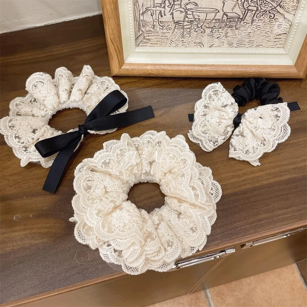 复古生成色双层精致刺绣蕾丝黑色发圈发绳温柔发圈发网发带