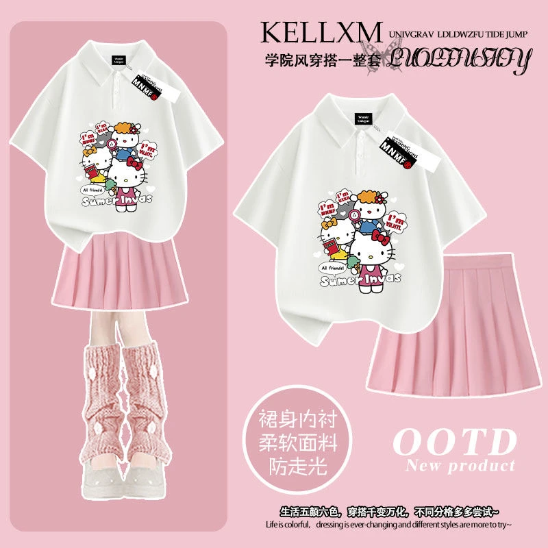 Polo衫短袖t恤短裙套装夏季女童卡通凯蒂猫印花百搭宽松两件套潮