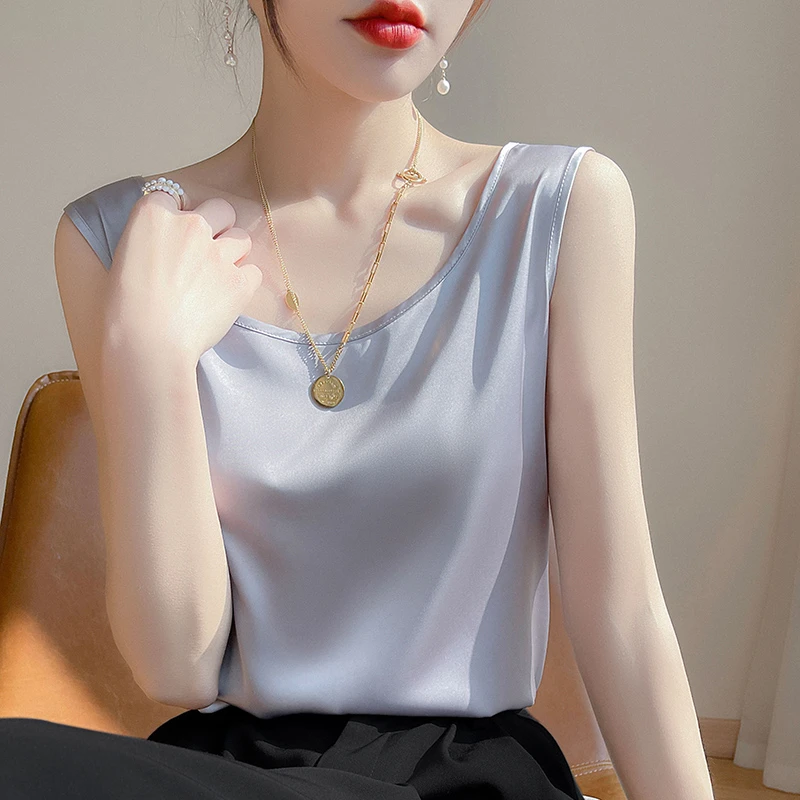 夏季白色吊带女背心纯色宽松圆领显瘦百搭薄款西装内搭无袖打底