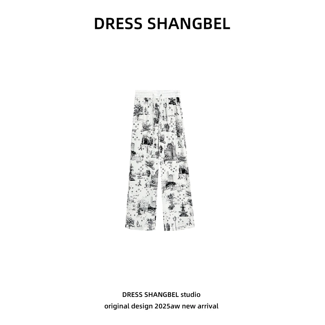 DRESS 2025年夏季新款C水墨印花垂坠感直筒休闲裤5043