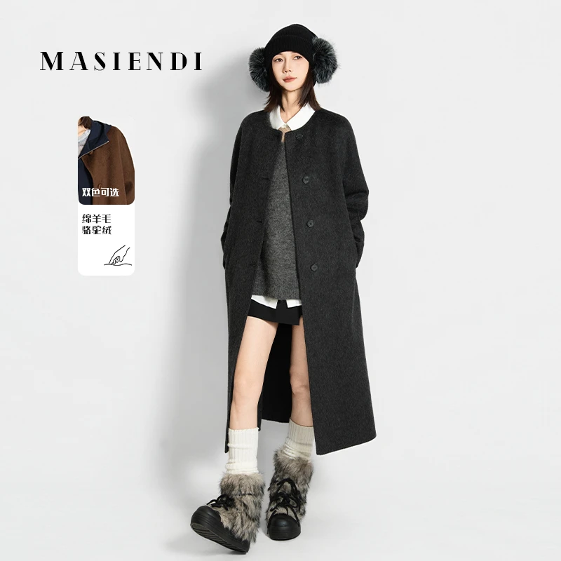 玛丝恩迪圆领长款落肩袖休闲风中长款秋季厚款毛呢大衣430630
