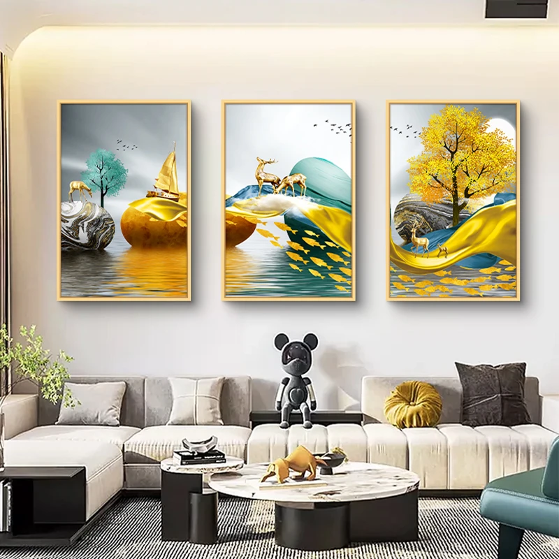 2025款客厅三联装饰画粘贴画客厅装饰画三联画沙发背景墙画【犇】