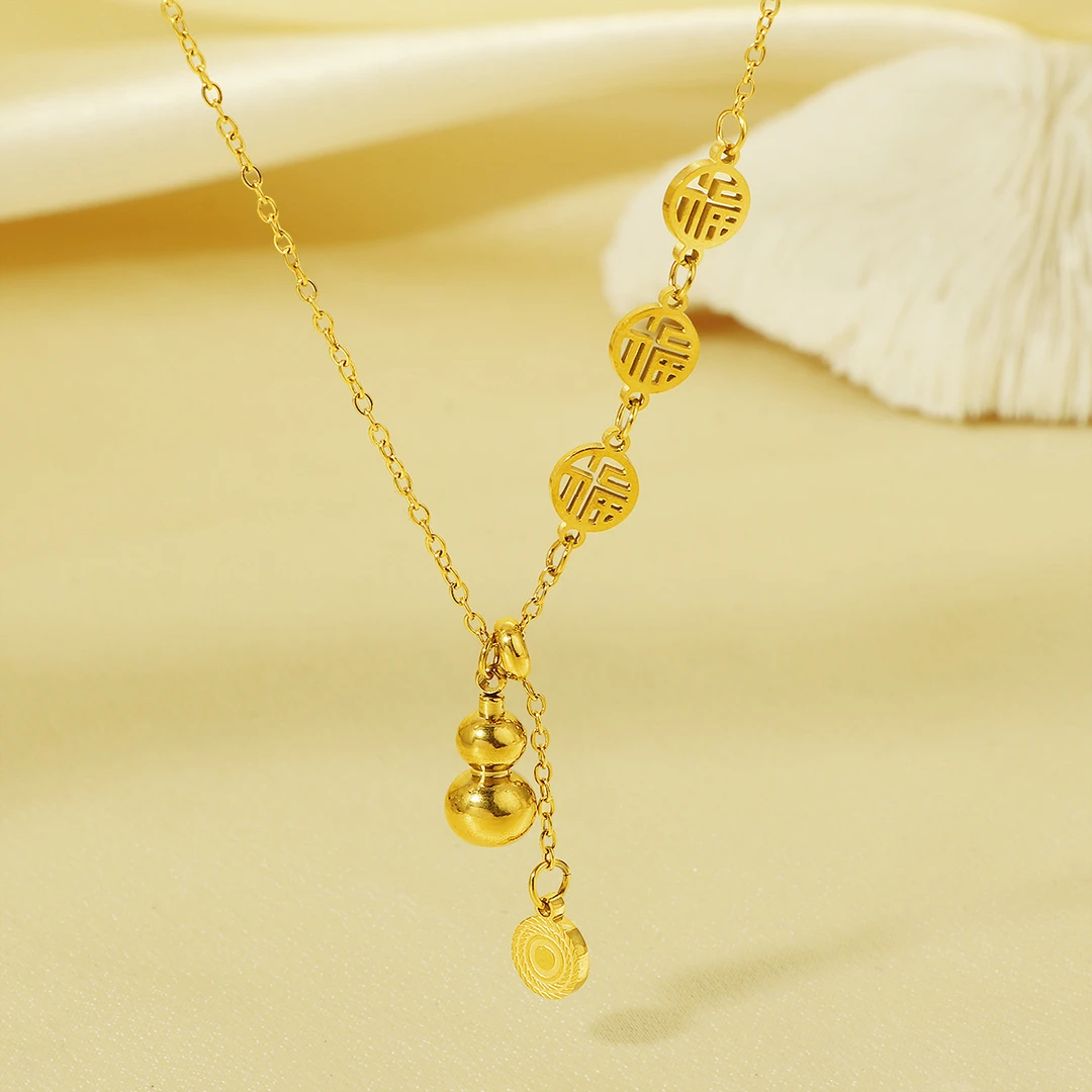 铜合金项链 中式民族风招财葫芦吊坠流苏镂空福字锁骨链复古气质