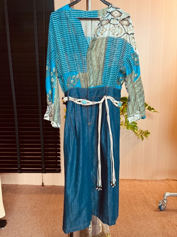 复古高腰印花牛仔裙