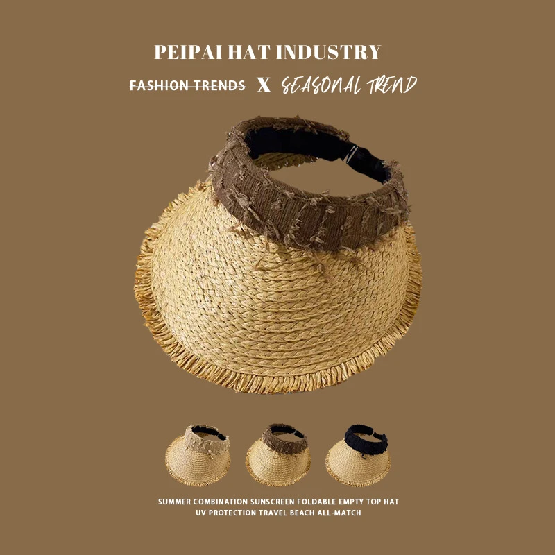 空顶草帽女破洞毛边海边沙滩防晒凉帽夏季宽檐防晒太阳帽遮阳帽子