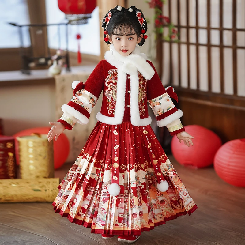 99339儿童汉服女童中国风唐装加厚冬款夹棉套装女宝过年拜年服裙