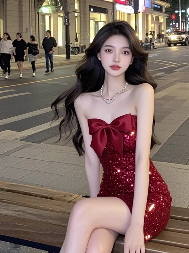 【KEKE】红色一字肩抹胸亮片连衣裙秋冬千金高端生日party聚会礼服