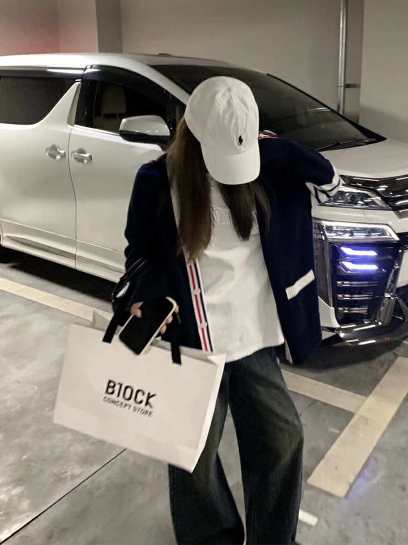 学院风V领条纹撞色慵懒风宽松廓形毛衣外套针织开衫