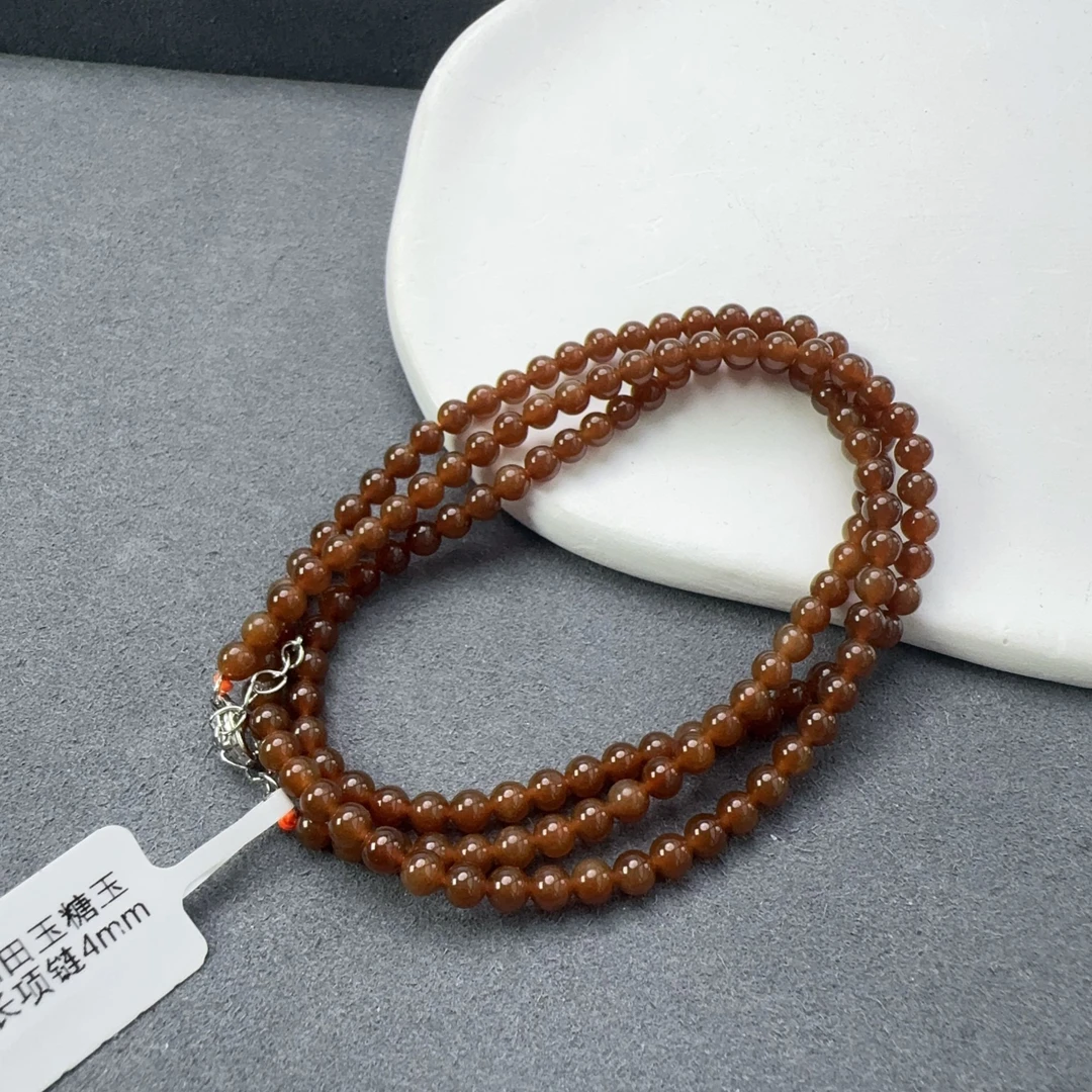 精品和田玉糖玉圆珠长项链4mm