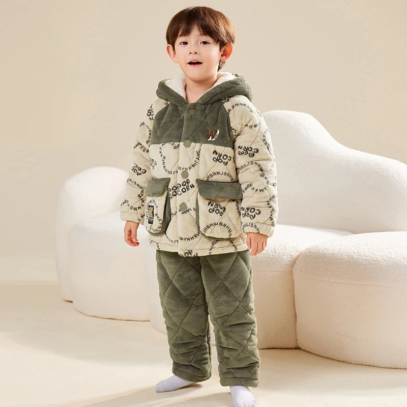 【新款三层夹棉】儿童款睡衣冬季加厚款男童珊瑚绒男孩冬儿童保暖衣