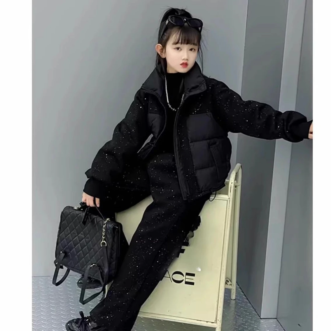 女童冬季棉衣套装新款外套筒裤两件套满天星短款棉服黑色加厚韩版