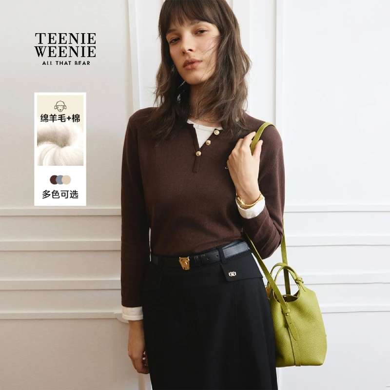 *【含绵羊毛】TeenieWeenie小熊25秋款假两件撞色毛衣女TTKW258905W