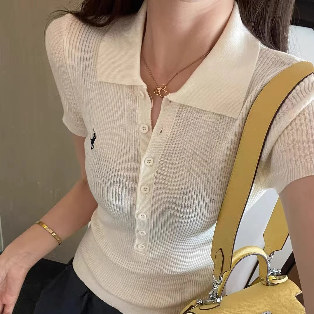 夏季新款刺绣polo领短袖简约时尚修身显瘦设计感翻领上衣女