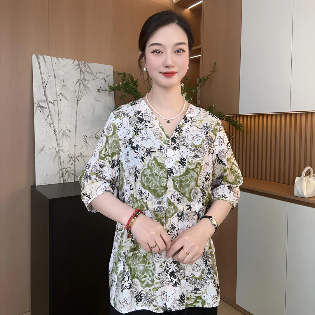 开门襟短袖夏季新款中老年女装显瘦薄款棉绸上衣