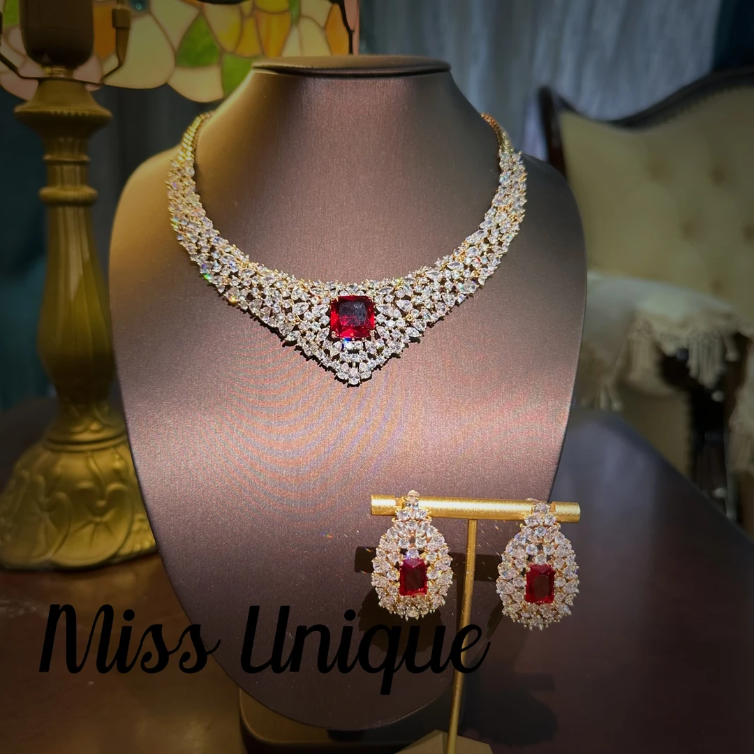 S6335豪镶红色方糖V字项链套装